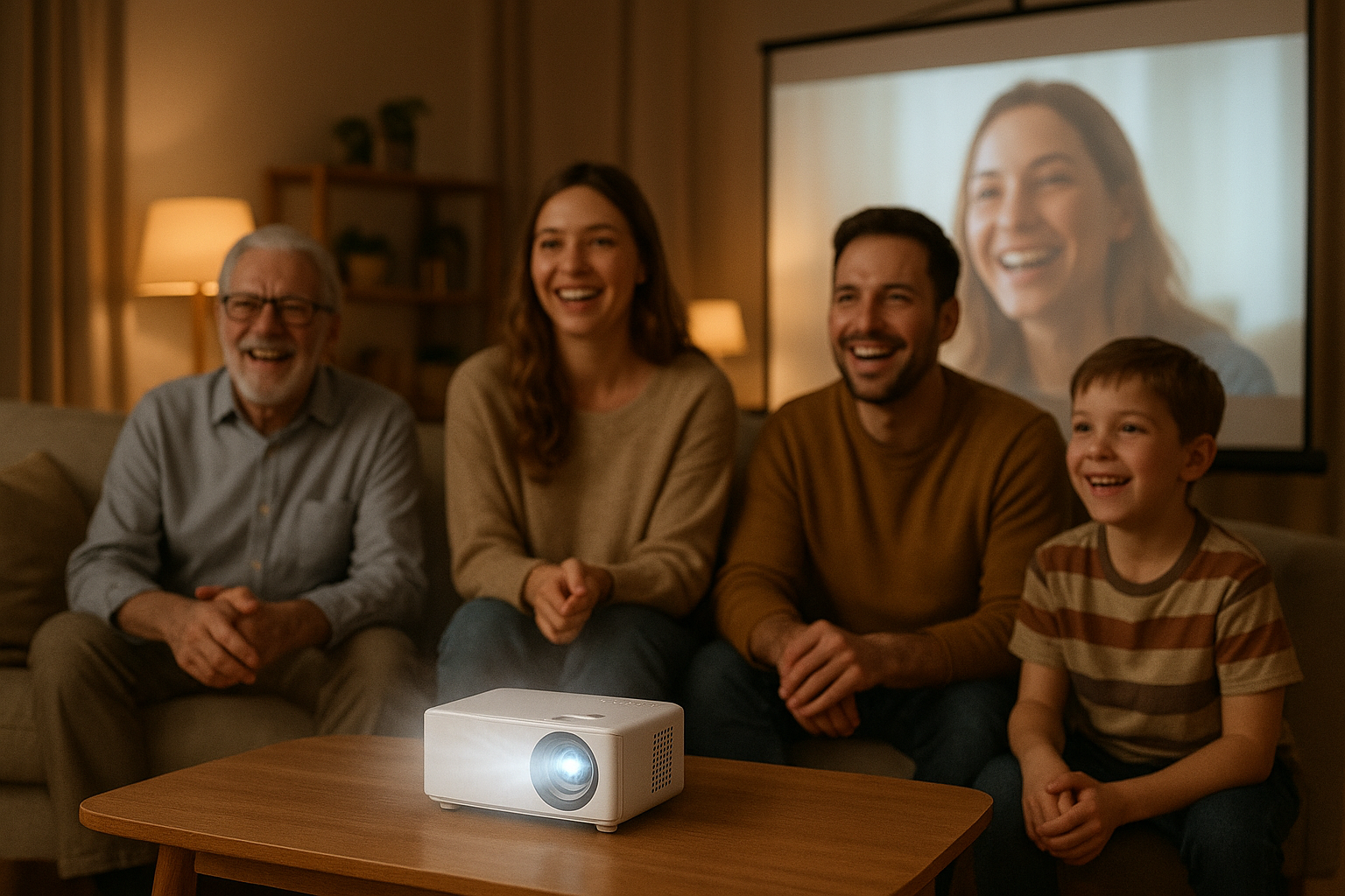 Einen Mini LED Projektor der auf eine Leinwand strahlt wo Menschen Filme gucken und glücklich wirken, da es ein Problemlösendes Produkt ist.